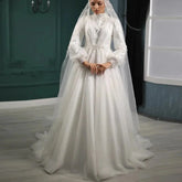 Hijab Muslim Luxury Wedding Gowns for Women Bride A-Line Pearls Beading suknia ślubna Long Sleeve Bridal Dress New